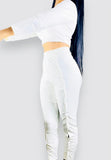 White Two-Piece Slash Neck Top and Rib High Waist Hole Buttons Trousers